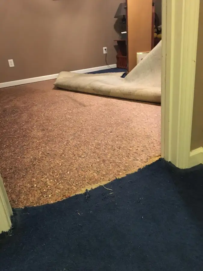 Carpet pad removal revealing water damage during Drying & Dehumidification in Allouez